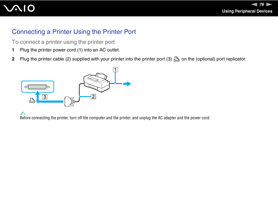 Connecting a printer using the printer port | Sony VGN-FJ100 User Manual | Page 76 / 170
