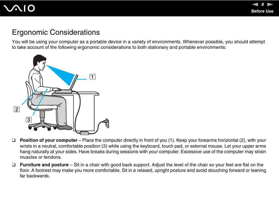 Ergonomic considerations | Sony VGN-FJ100 User Manual | Page 8 / 170