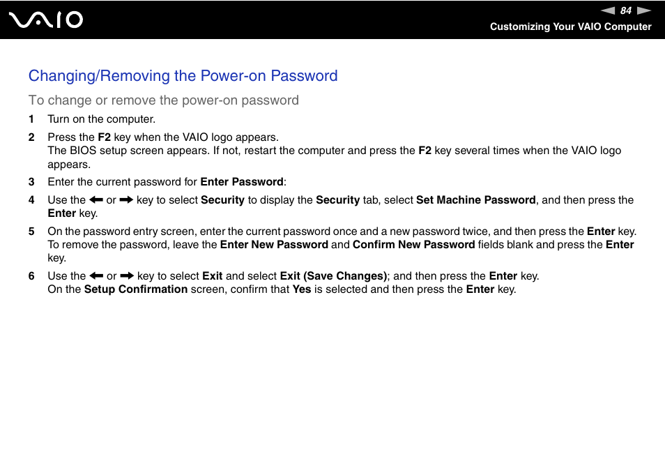 Changing/removing the power-on password | Sony VGN-FJ100 User Manual | Page 84 / 170