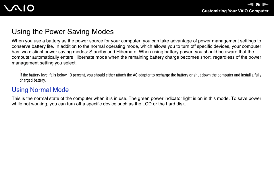 Using the power saving modes, Using normal mode | Sony VGN-FJ100 User Manual | Page 86 / 170