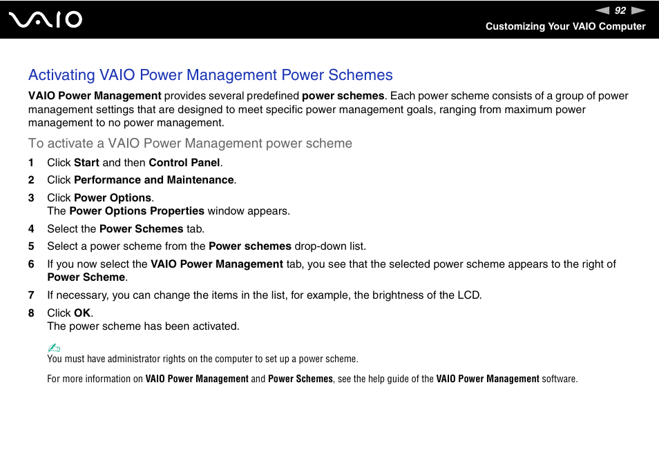 Activating vaio power management power schemes | Sony VGN-FJ100 User Manual | Page 92 / 170