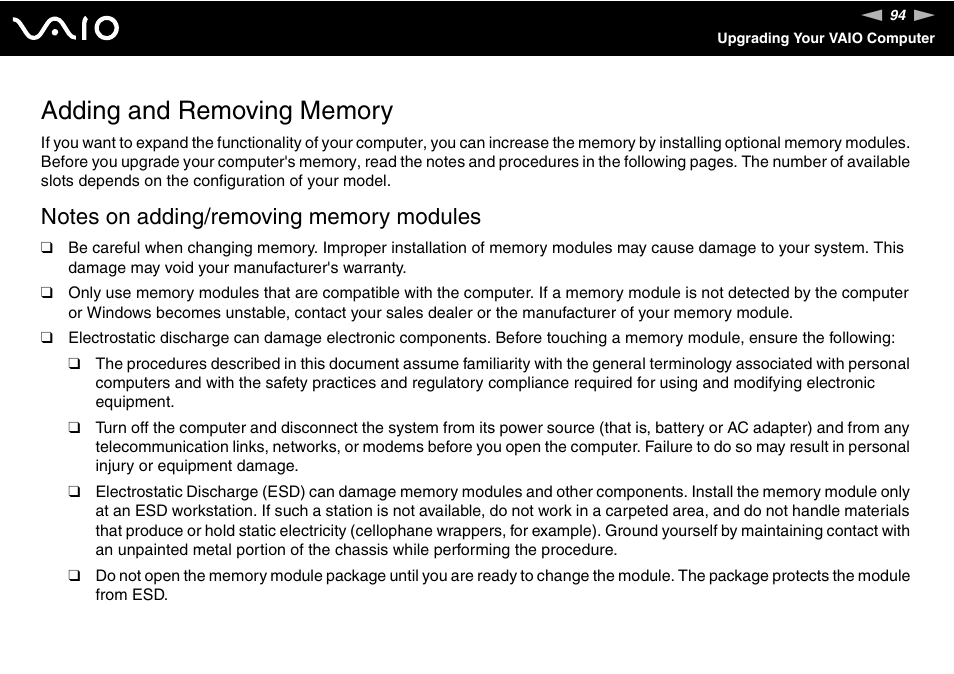 Adding and removing memory | Sony VGN-FJ100 User Manual | Page 94 / 170