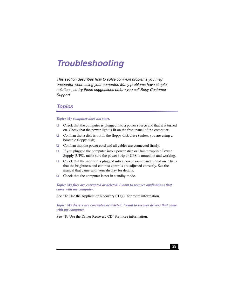 Troubleshooting, Topics | Sony PCV-RX590G User Manual | Page 20 / 39