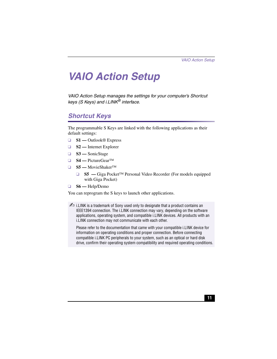 Vaio action setup, Shortcut keys | Sony PCV-RX590G User Manual | Page 9 / 39