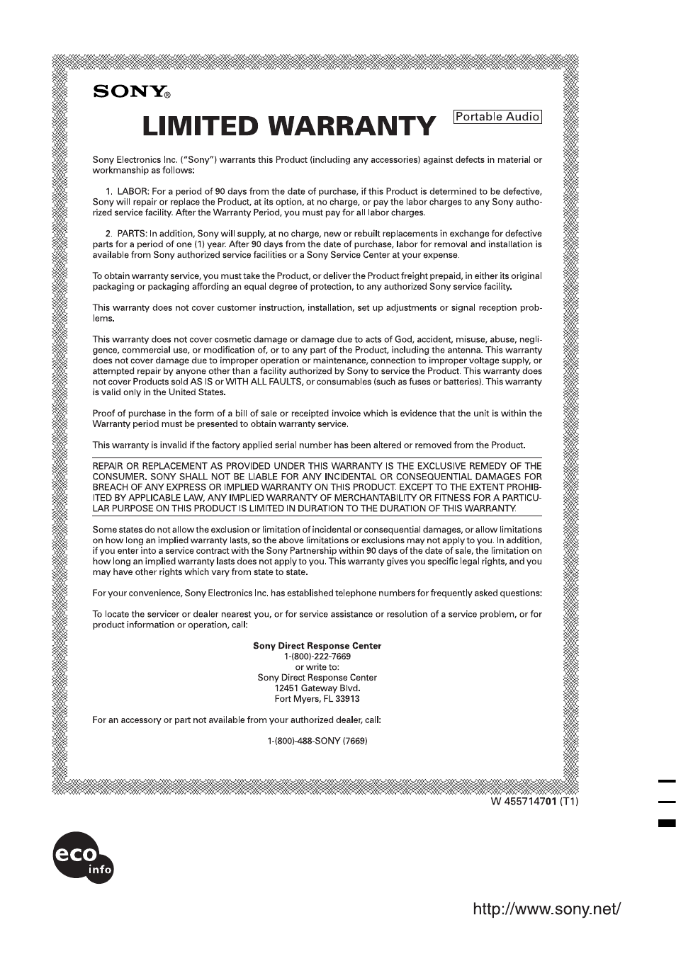 Sony corporation, This warranty is valid only in the united states | Sony D-EJ985 User Manual | Page 32 / 32