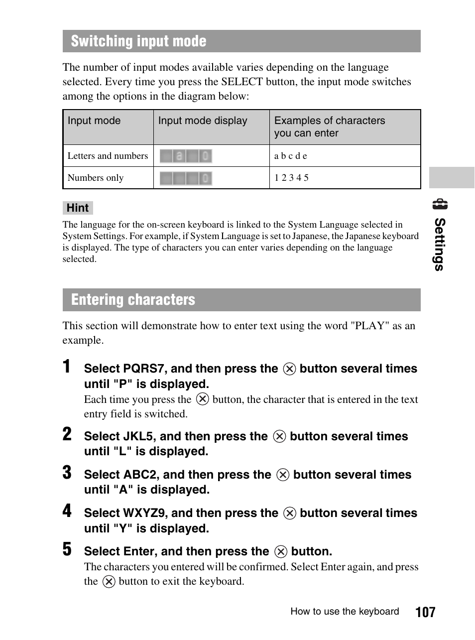 Switching input mode, Entering characters | Sony PlayStation Portable PSP-1003 K User Manual | Page 107 / 132