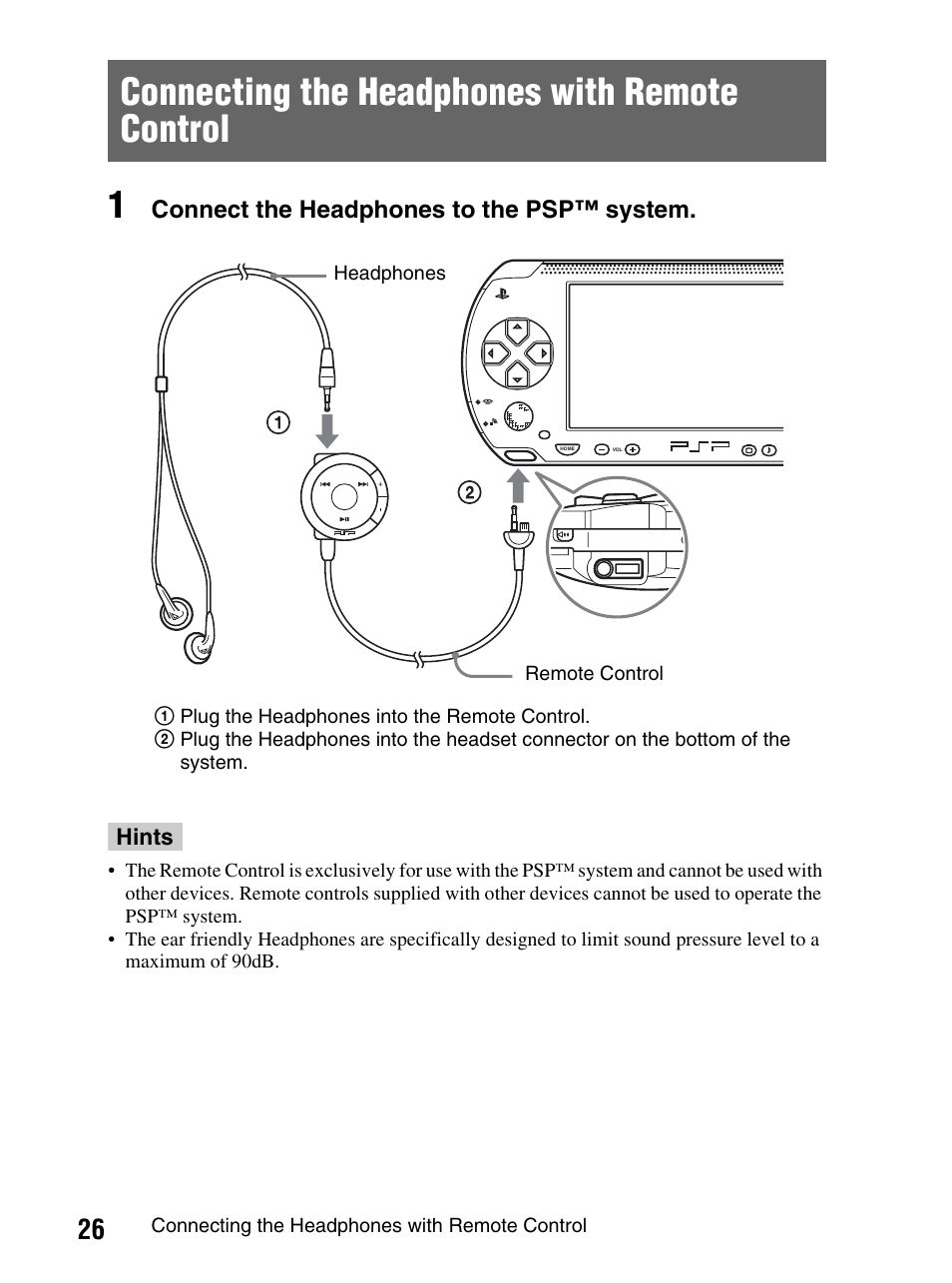 Connecting the headphones with remote control | Sony PlayStation Portable PSP-1003 K User Manual | Page 26 / 132