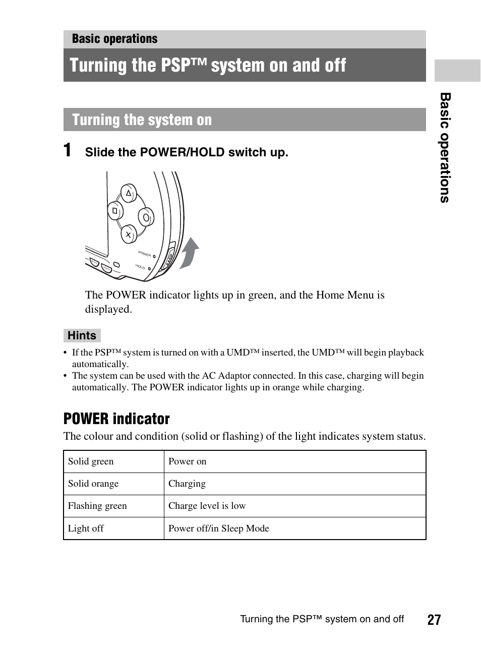 Basic operations, Turning the psp system on and off, Turning the psp™ system on and off | Power indicator, Turning the system on, 27 b a si c op er a tio ns | Sony PlayStation Portable PSP-1003 K User Manual | Page 27 / 132