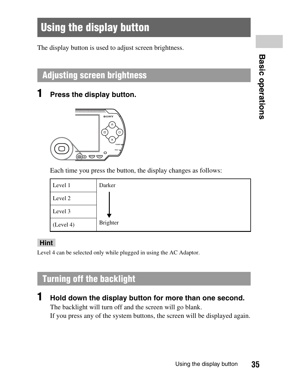 Using the display button, Adjusting screen brightness, Turning off the backlight | 35 b a si c op er a tio ns | Sony PlayStation Portable PSP-1003 K User Manual | Page 35 / 132
