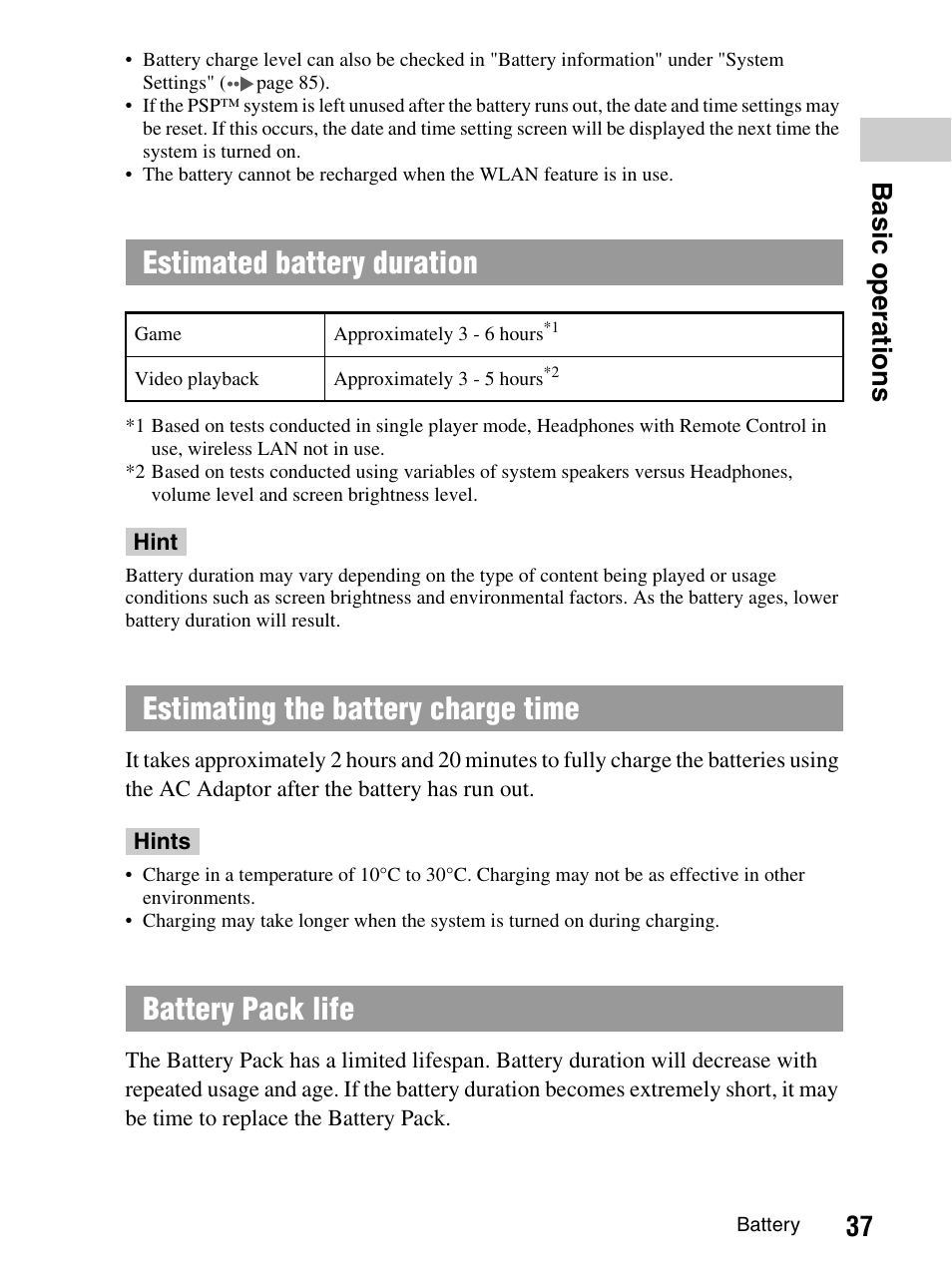 Estimated battery duration, 37 b a si c op er a tio ns | Sony PlayStation Portable PSP-1003 K User Manual | Page 37 / 132