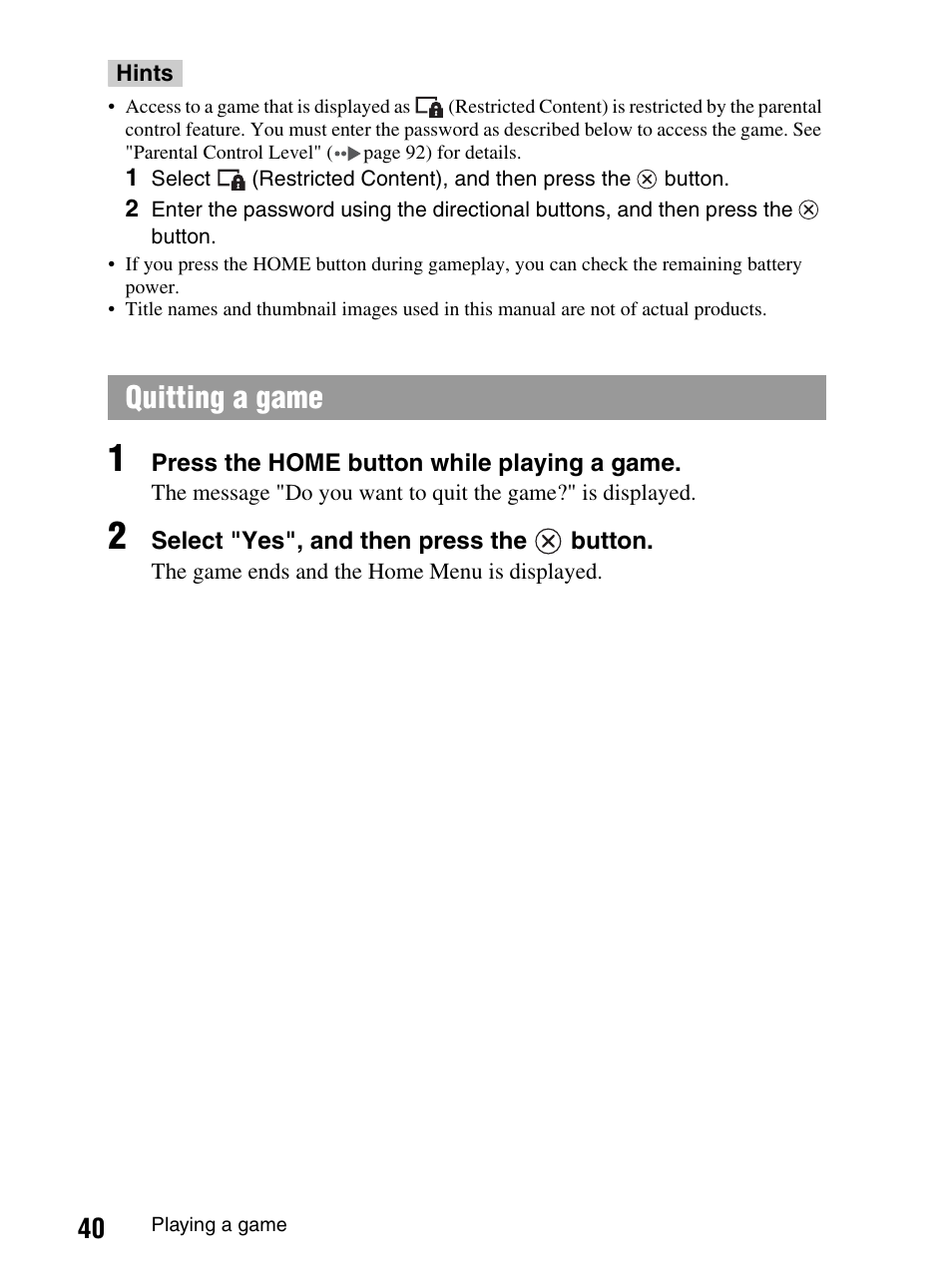 Quitting a game | Sony PlayStation Portable PSP-1003 K User Manual | Page 40 / 132
