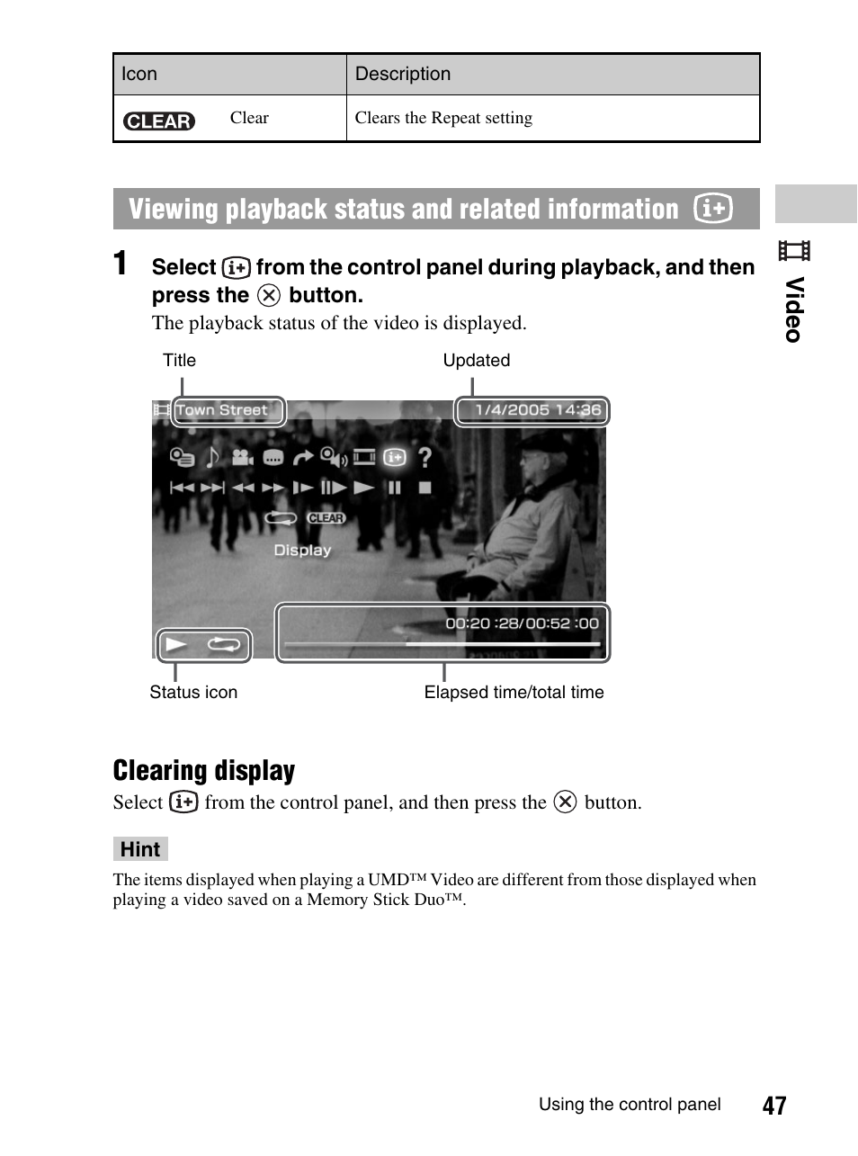 Clearing display, Viewing playback status and related information, 47 video | Sony PlayStation Portable PSP-1003 K User Manual | Page 47 / 132