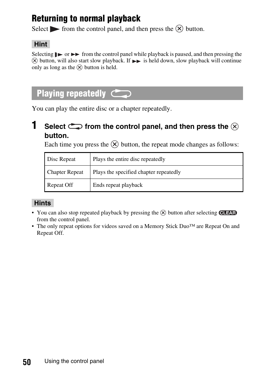 Returning to normal playback, Playing repeatedly | Sony PlayStation Portable PSP-1003 K User Manual | Page 50 / 132