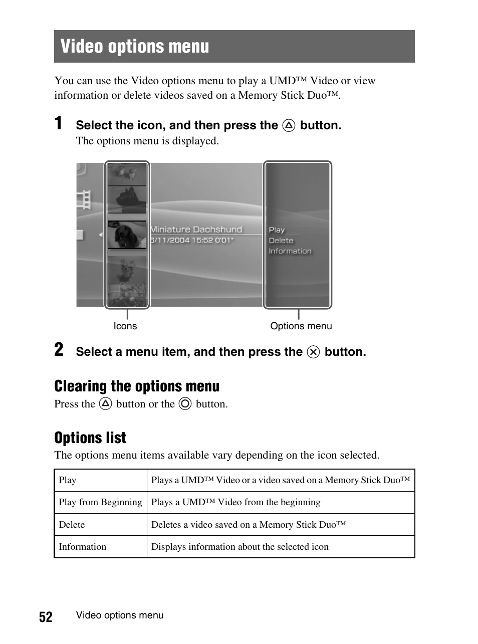 Video options menu, Clearing the options menu, Options list | Sony PlayStation Portable PSP-1003 K User Manual | Page 52 / 132