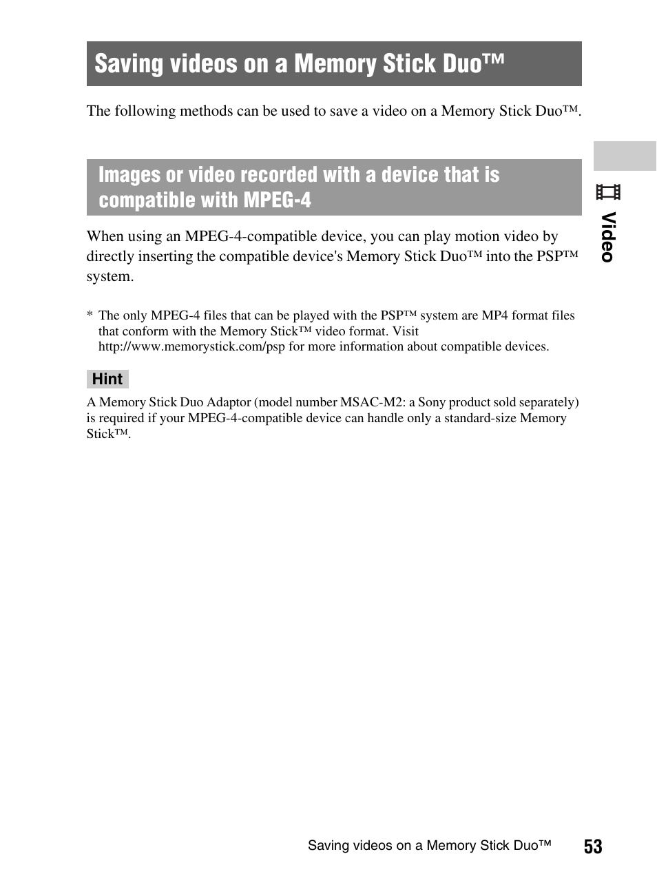 Saving videos on a memory stick duo | Sony PlayStation Portable PSP-1003 K User Manual | Page 53 / 132