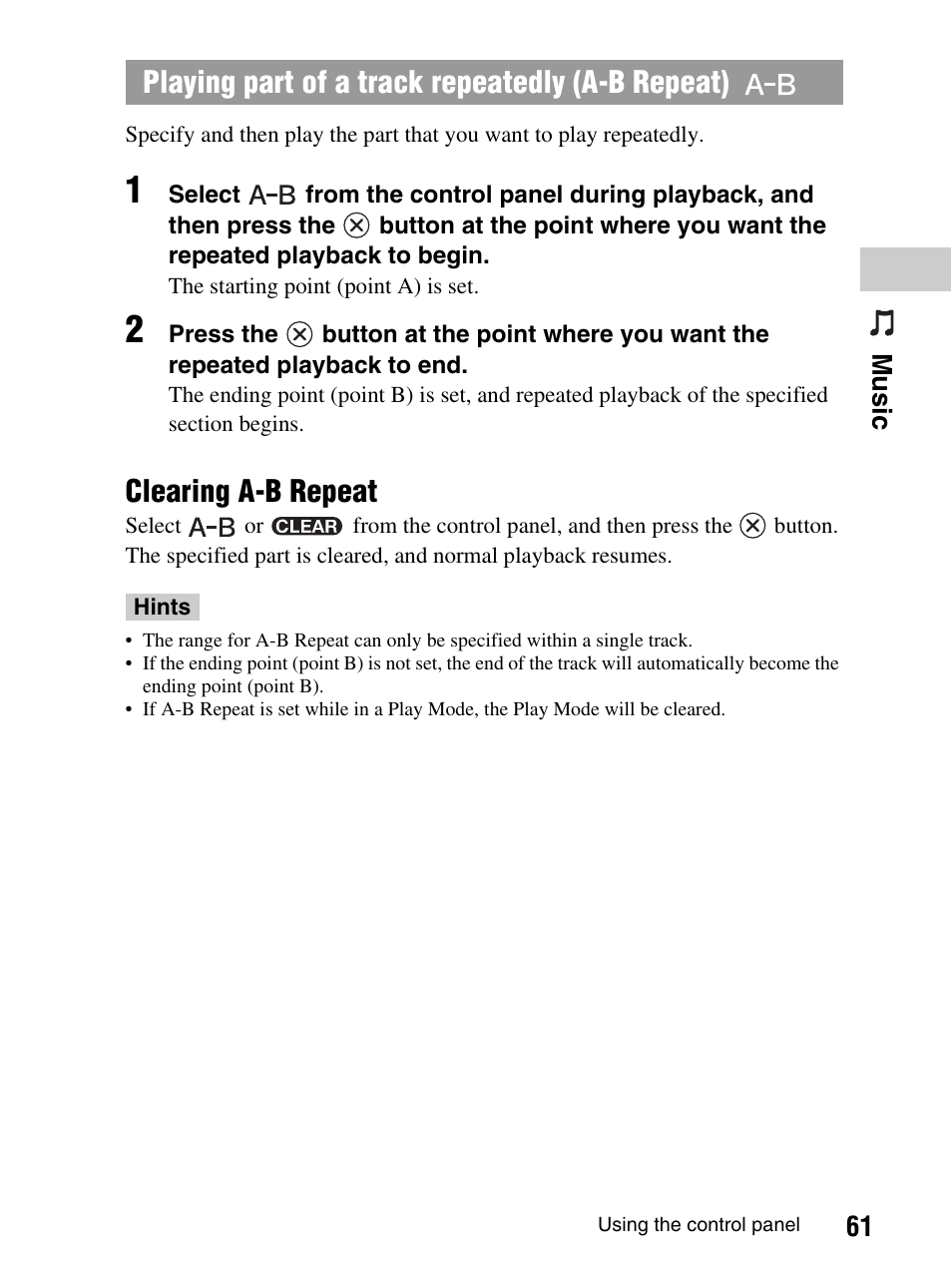 Clearing a-b repeat, Playing part of a track repeatedly (a-b repeat) | Sony PlayStation Portable PSP-1003 K User Manual | Page 61 / 132