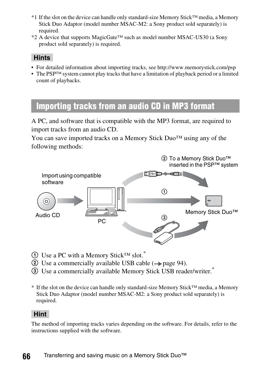 Importing tracks from an audio cd in mp3 format | Sony PlayStation Portable PSP-1003 K User Manual | Page 66 / 132