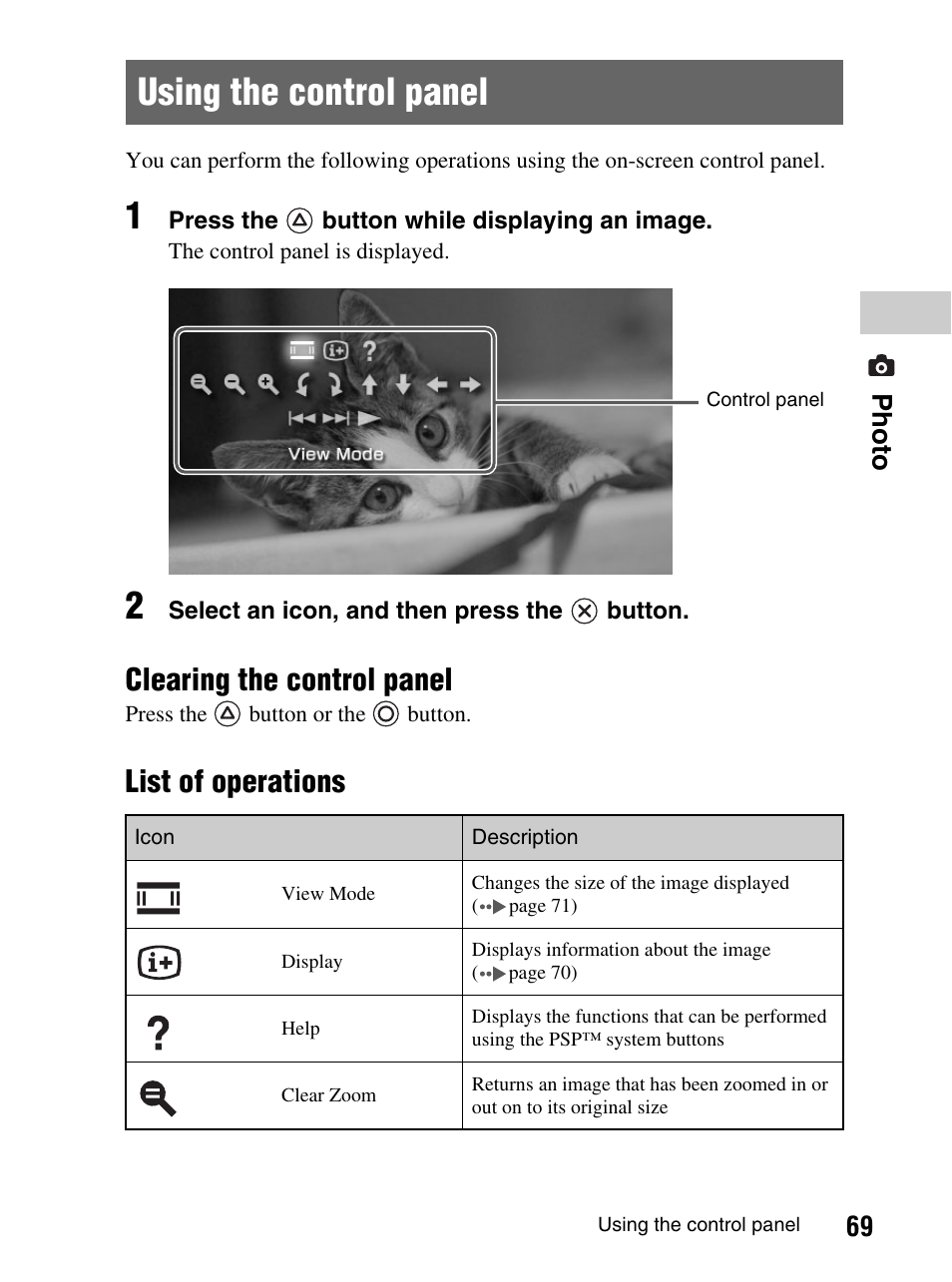 Using the control panel, Clearing the control panel, List of operations | 69 photo | Sony PlayStation Portable PSP-1003 K User Manual | Page 69 / 132