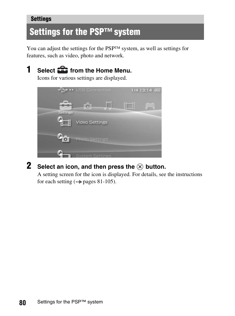 Settings, Settings for the psp system, Settings for the psp™ system | Sony PlayStation Portable PSP-1003 K User Manual | Page 80 / 132