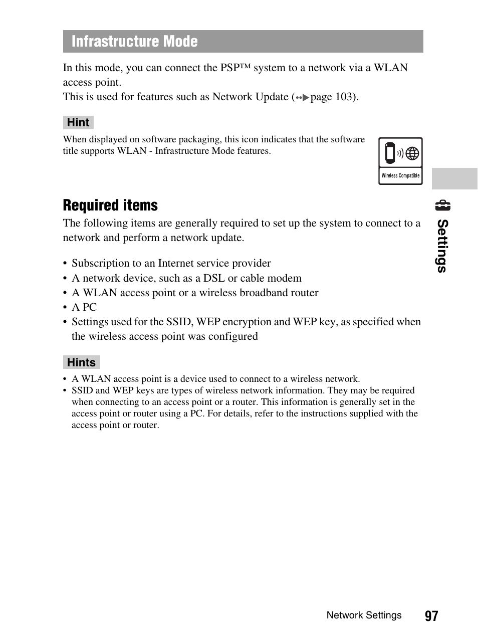 Required items, Infrastructure mode, 97 set tings | Sony PlayStation Portable PSP-1003 K User Manual | Page 97 / 132