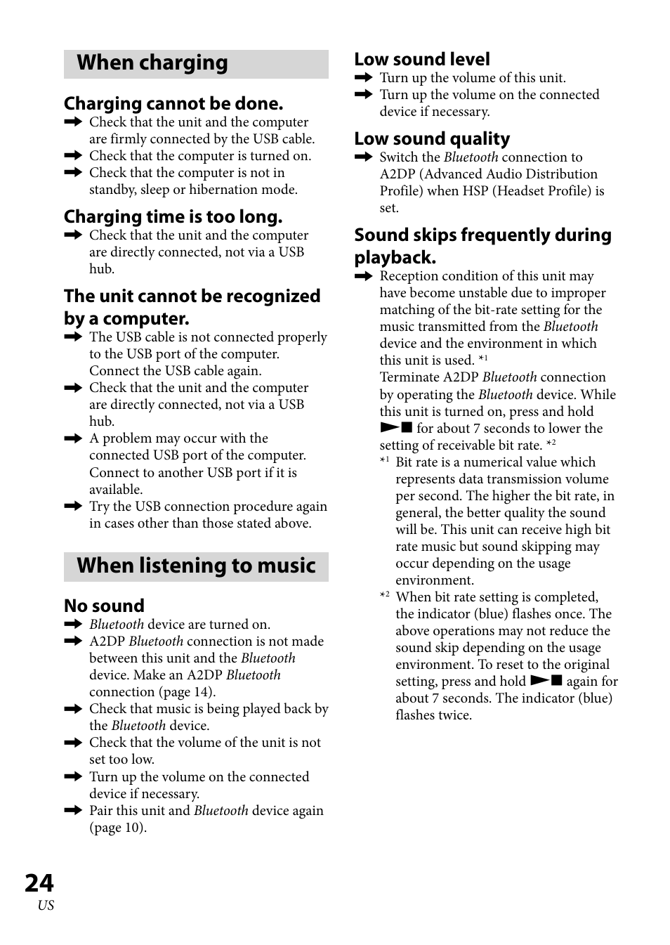 When charging, When listening to music, Charging cannot be done | Charging time is too long, The unit cannot be recognized by a computer, No sound, Low sound level, Low sound quality, Sound skips frequently during playback | Sony 4-130-181-52(1) User Manual | Page 24 / 56