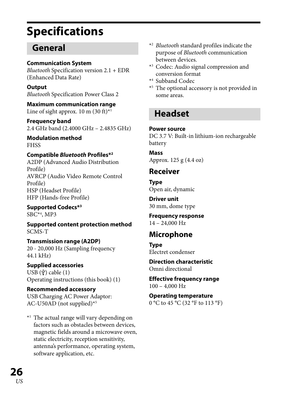 Specifications, General, Headset | Receiver, Microphone | Sony 4-130-181-52(1) User Manual | Page 26 / 56
