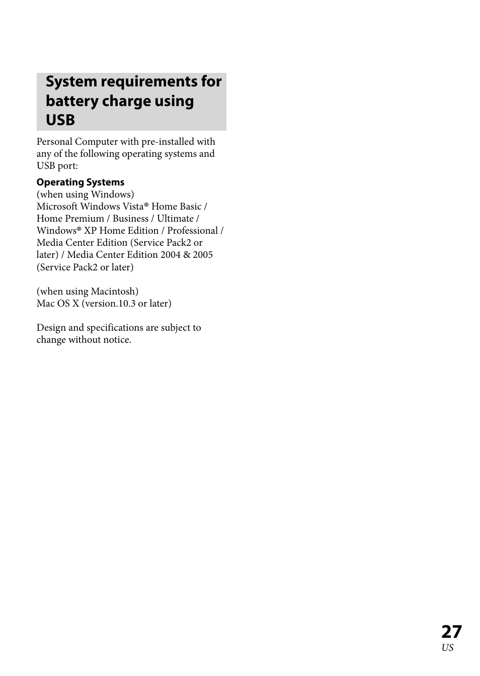 System requirements for battery charge using usb, System requirements for battery, Charge using usb | Sony 4-130-181-52(1) User Manual | Page 27 / 56