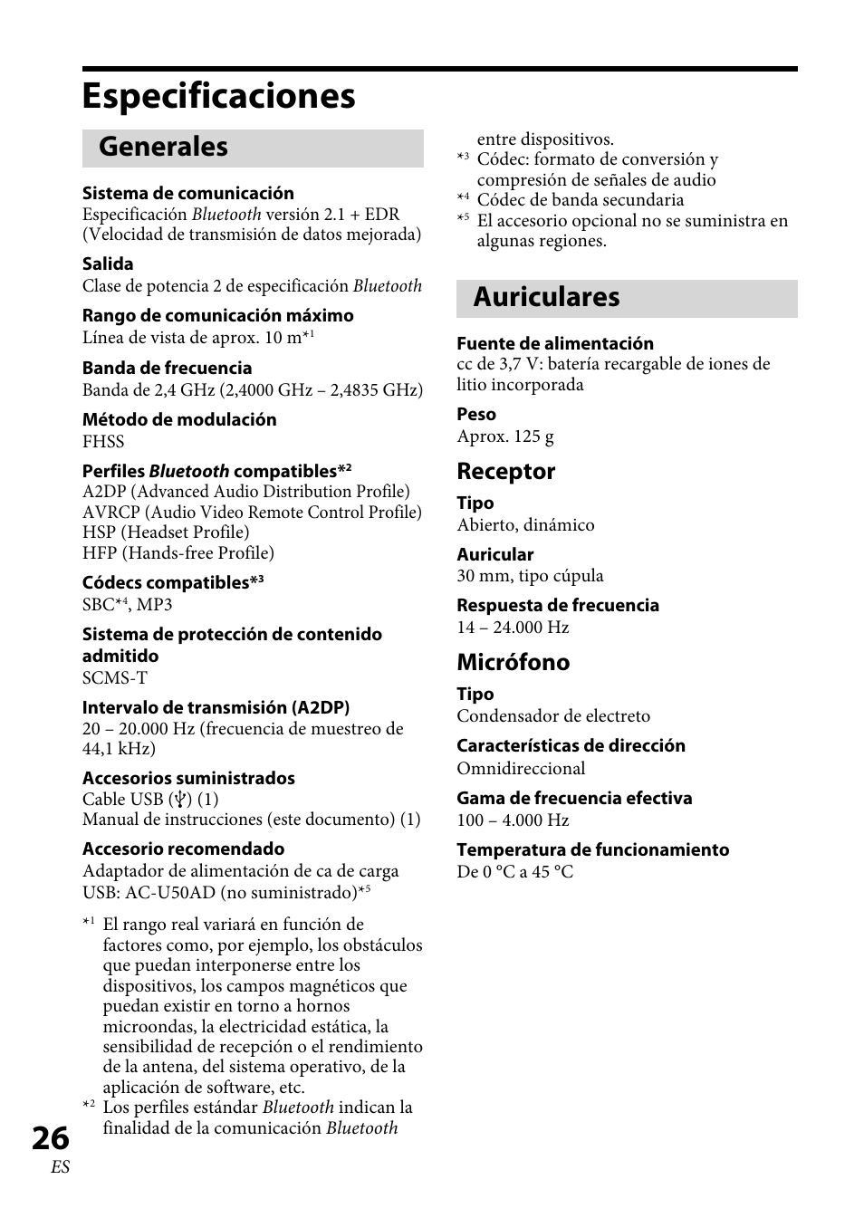 Especificaciones, Generales, Auriculares | Receptor, Micrófono | Sony 4-130-181-52(1) User Manual | Page 52 / 56