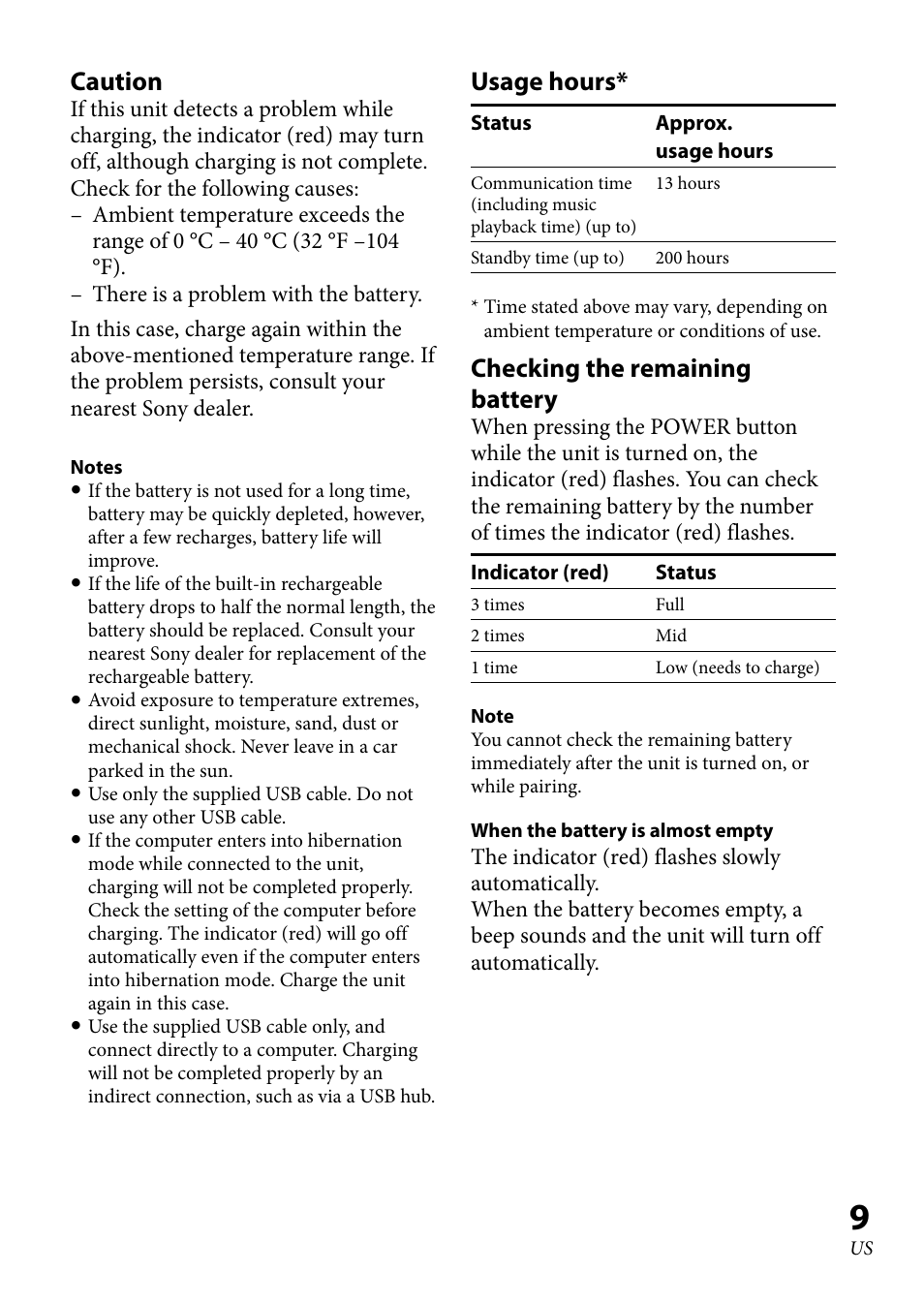 Caution, Usage hours, Checking the remaining battery | Sony 4-130-181-52(1) User Manual | Page 9 / 56