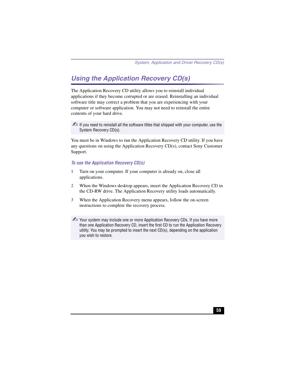 Using the application recovery cd(s) | Sony PCV-J200 User Manual | Page 59 / 94