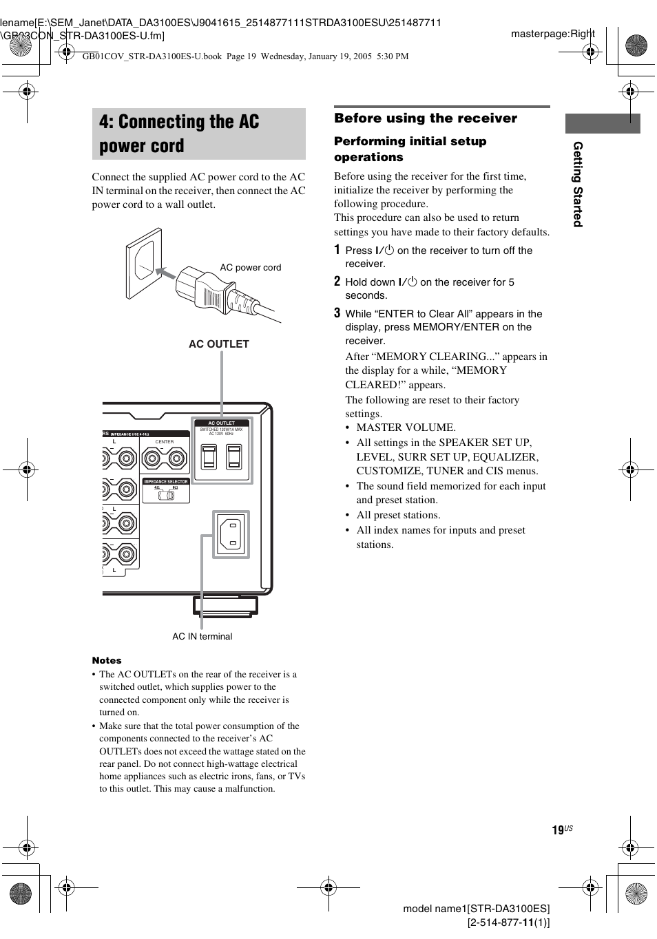 Connecting the ac power cord, Before using the receiver, Gettin g star ted | Performing initial setup operations | Sony STR-DA3100ES User Manual | Page 19 / 80