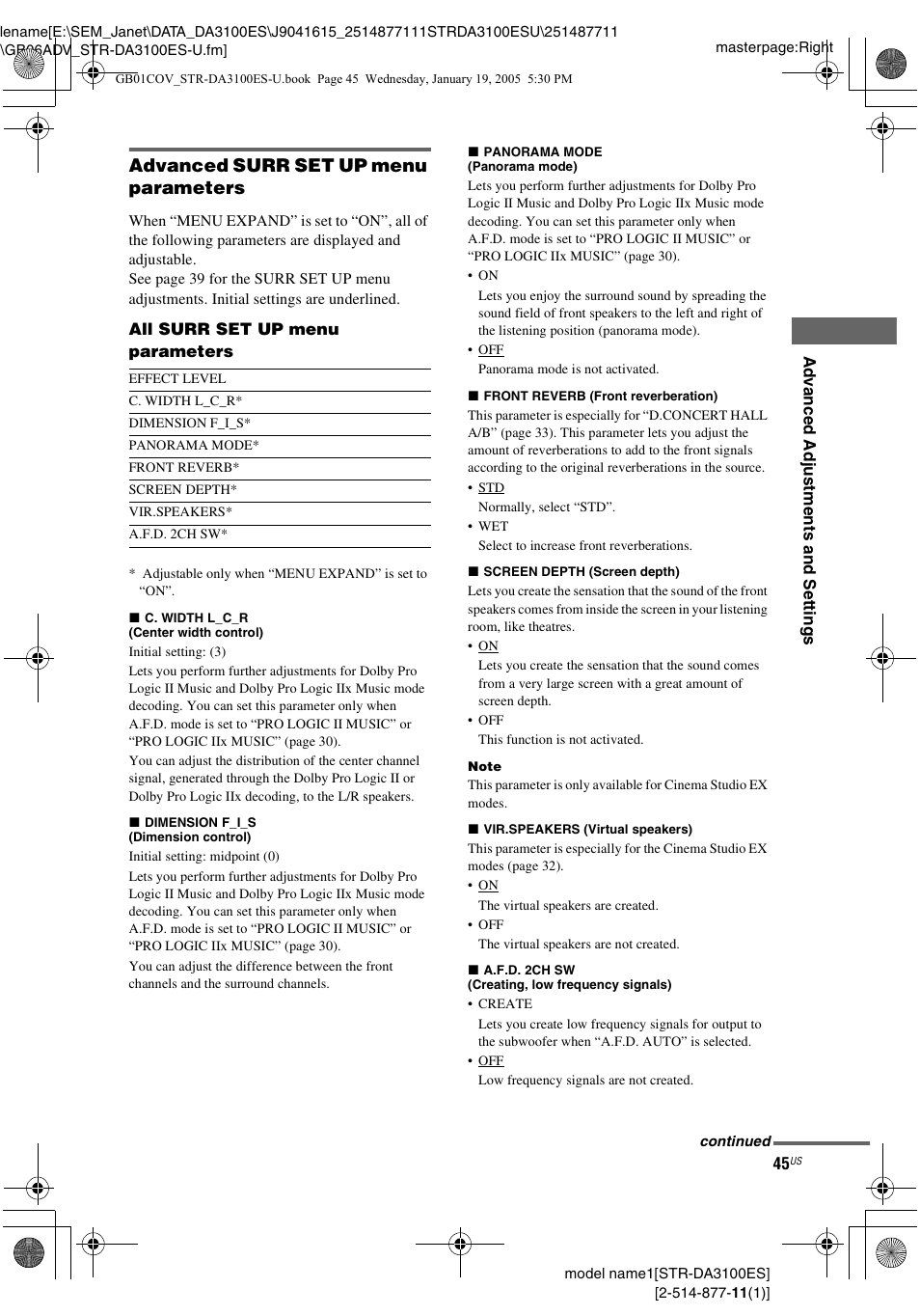 Advanced surr set up menu parameters | Sony STR-DA3100ES User Manual | Page 45 / 80