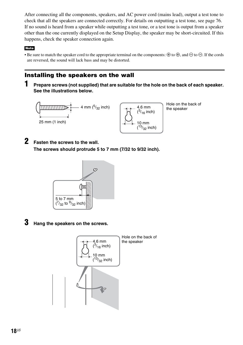 Installing the speakers on the wall | Sony DX250 User Manual | Page 18 / 96