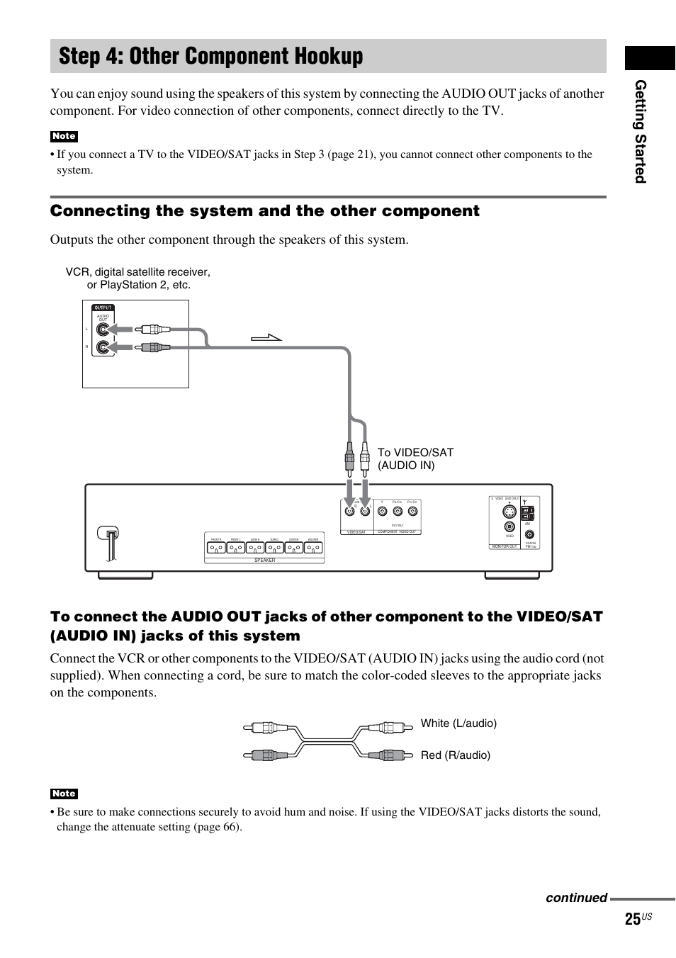 Step 4: other component hookup, Connecting the system and the other component, Getting star ted | Continued | Sony DX250 User Manual | Page 25 / 96