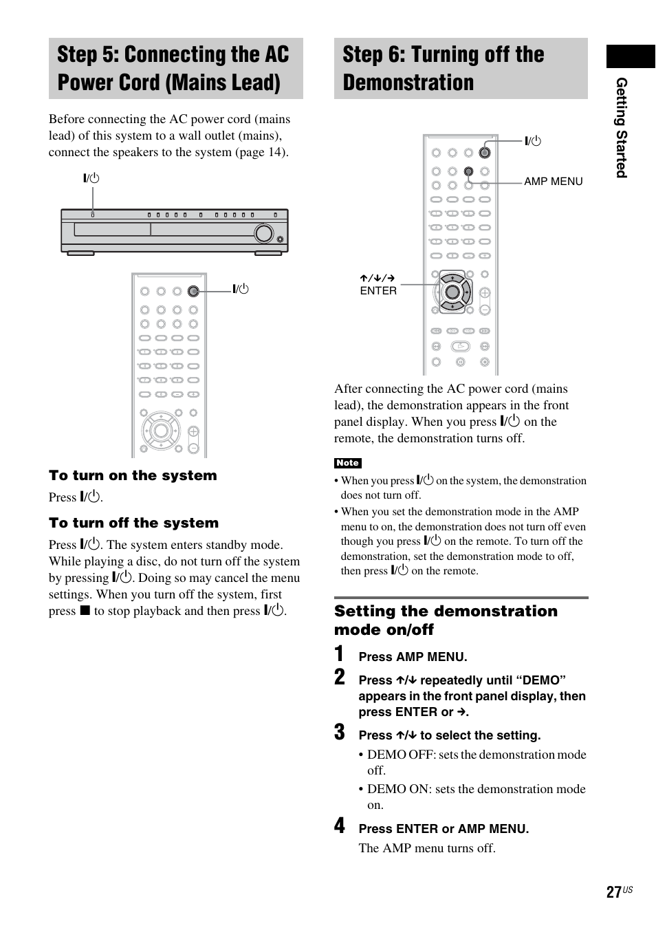 Step 5: connecting the ac power cord (mains lead), Step 6: turning off the demonstration, Setting the demonstration mode on/off | Step 5: connecting the ac power cord, Mains lead), Step 6: turning off, The demonstration | Sony DX250 User Manual | Page 27 / 96