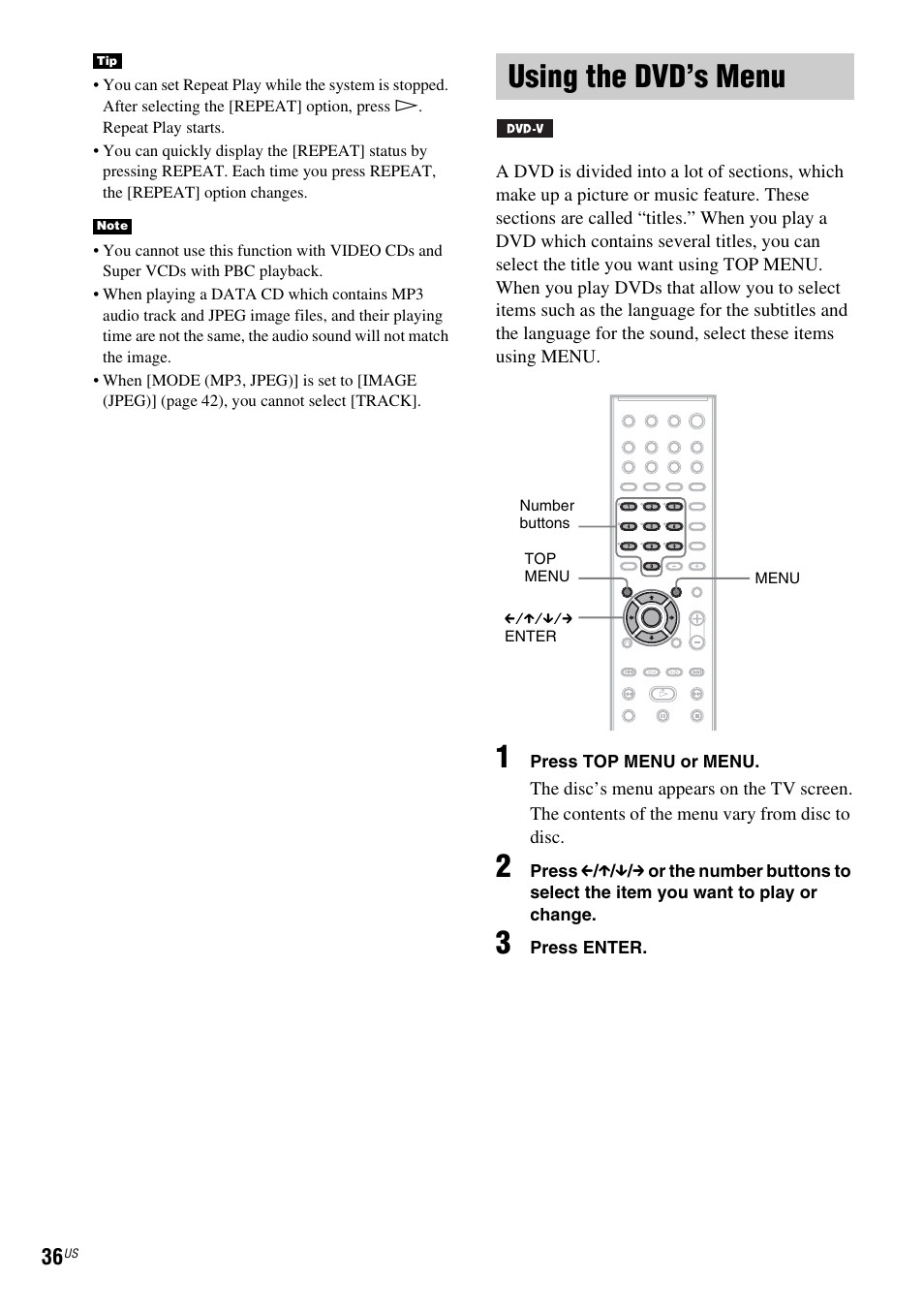 Using the dvd’s menu | Sony DX250 User Manual | Page 36 / 96