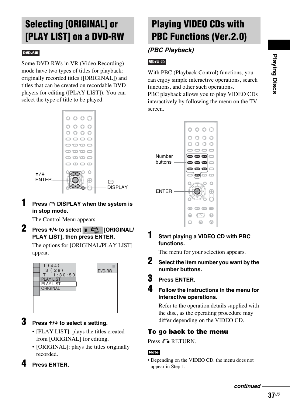 Selecting [original] or [play list] on a dvd-rw, Playing video cds with pbc functions (ver.2.0), Selecting [original] or [play list | On a dvd-rw, Playing video cds with pbc functions, Ver.2.0) (pbc playback) | Sony DX250 User Manual | Page 37 / 96