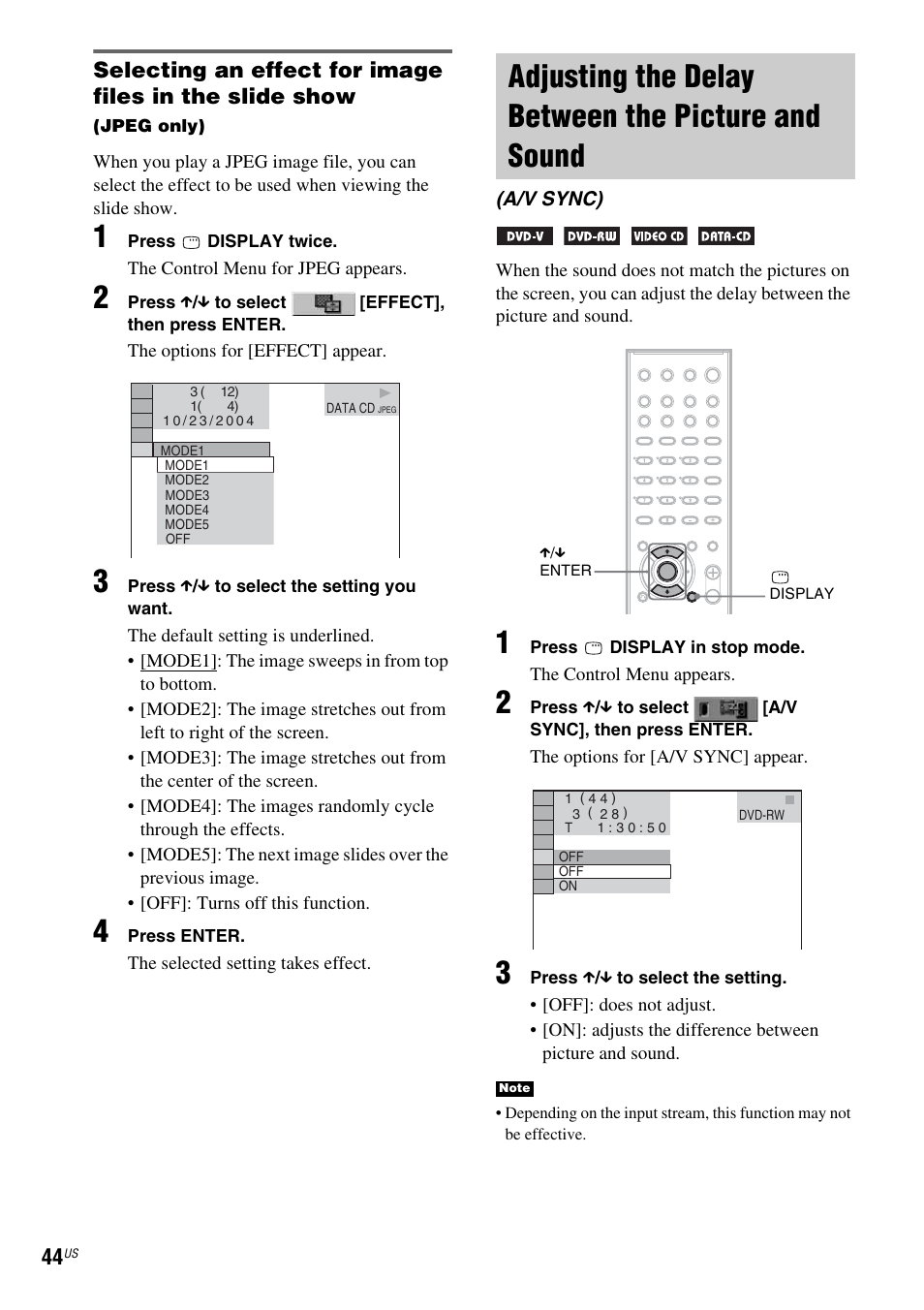 Adjusting the delay between the picture and sound, Adjusting the delay between the picture, And sound (a/v sync) | Sony DX250 User Manual | Page 44 / 96