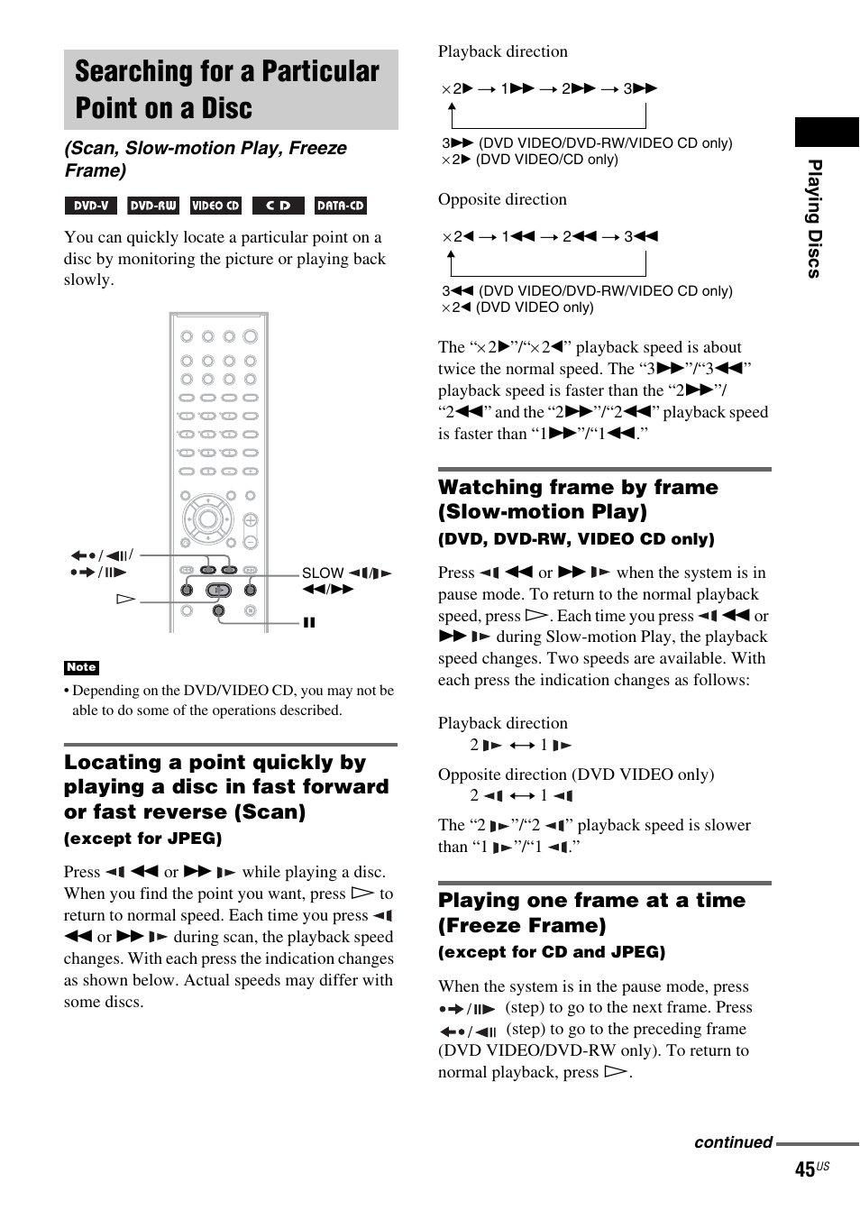 Searching for a particular point on a disc, Watching frame by frame (slow-motion play), Playing one frame at a time (freeze frame) | Searching for a particular point on, A disc (scan, slow-motion play, freeze frame) | Sony DX250 User Manual | Page 45 / 96
