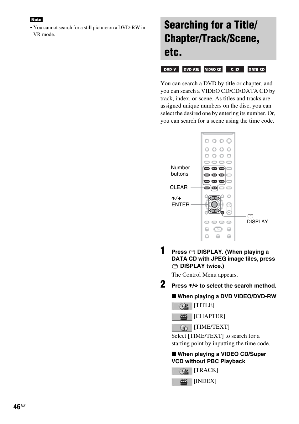 Searching for a title/ chapter/track/scene, etc, Searching for a title/chapter/track, Scene, etc | Sony DX250 User Manual | Page 46 / 96