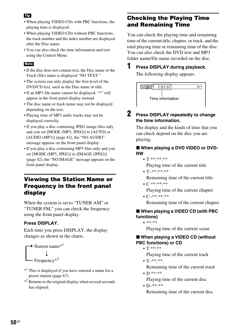 Checking the playing time and remaining time | Sony DX250 User Manual | Page 50 / 96