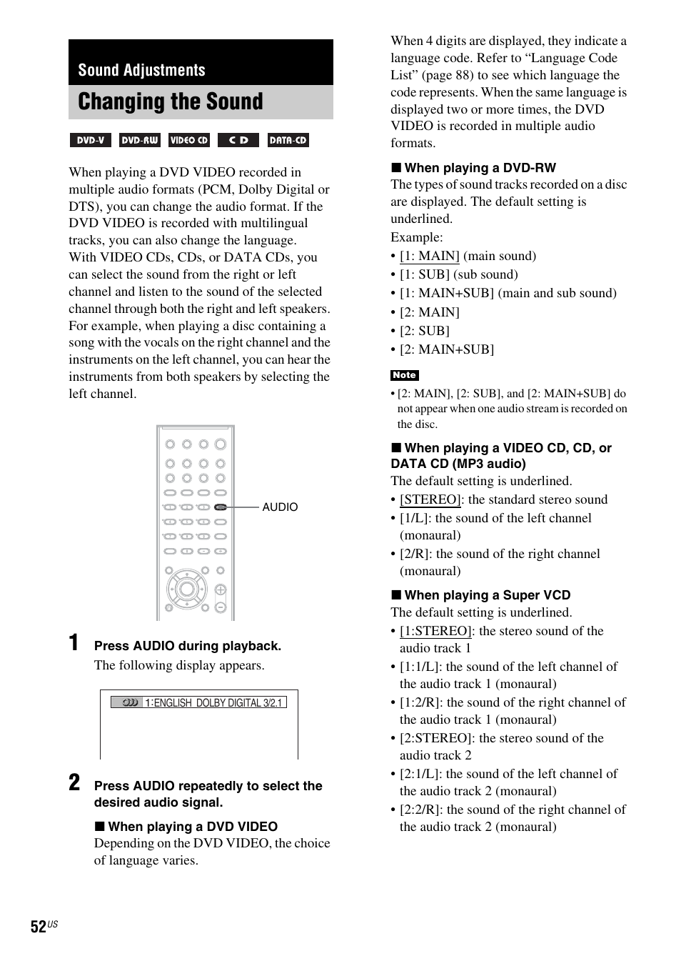 Sound adjustments, Changing the sound | Sony DX250 User Manual | Page 52 / 96