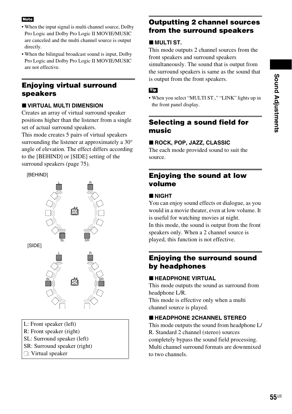 Enjoying virtual surround speakers, Selecting a sound field for music, Enjoying the sound at low volume | Enjoying the surround sound by headphones | Sony DX250 User Manual | Page 55 / 96