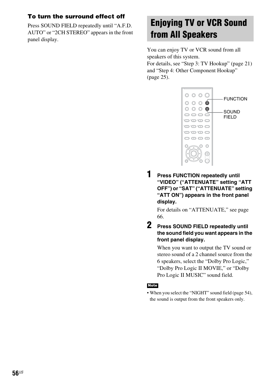 Enjoying tv or vcr sound from all speakers, Enjoying tv or vcr sound from all, Speakers | Sony DX250 User Manual | Page 56 / 96