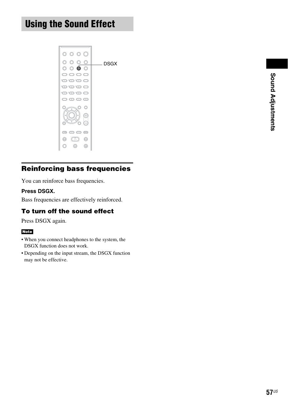 Using the sound effect, Reinforcing bass frequencies | Sony DX250 User Manual | Page 57 / 96