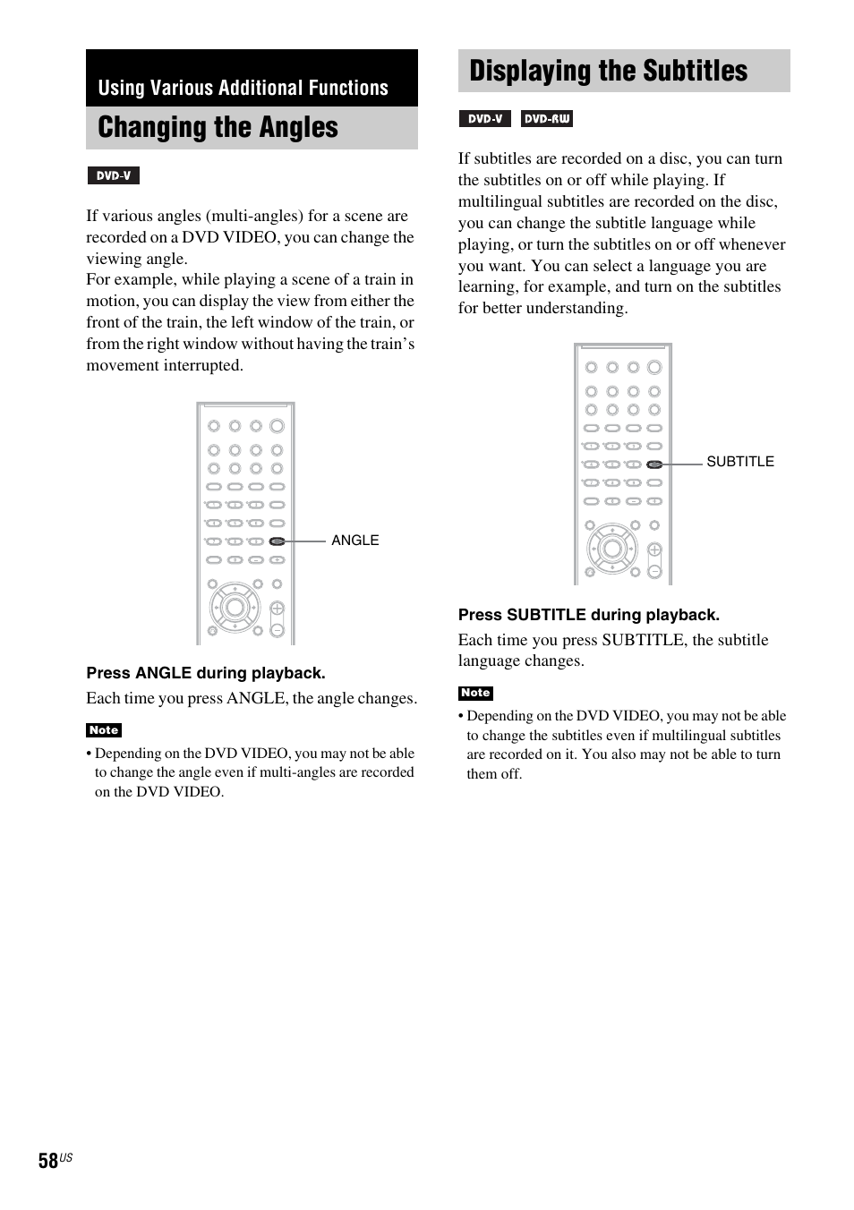 Using various additional functions, Changing the angles, Displaying the subtitles | Changing the angles displaying the subtitles | Sony DX250 User Manual | Page 58 / 96