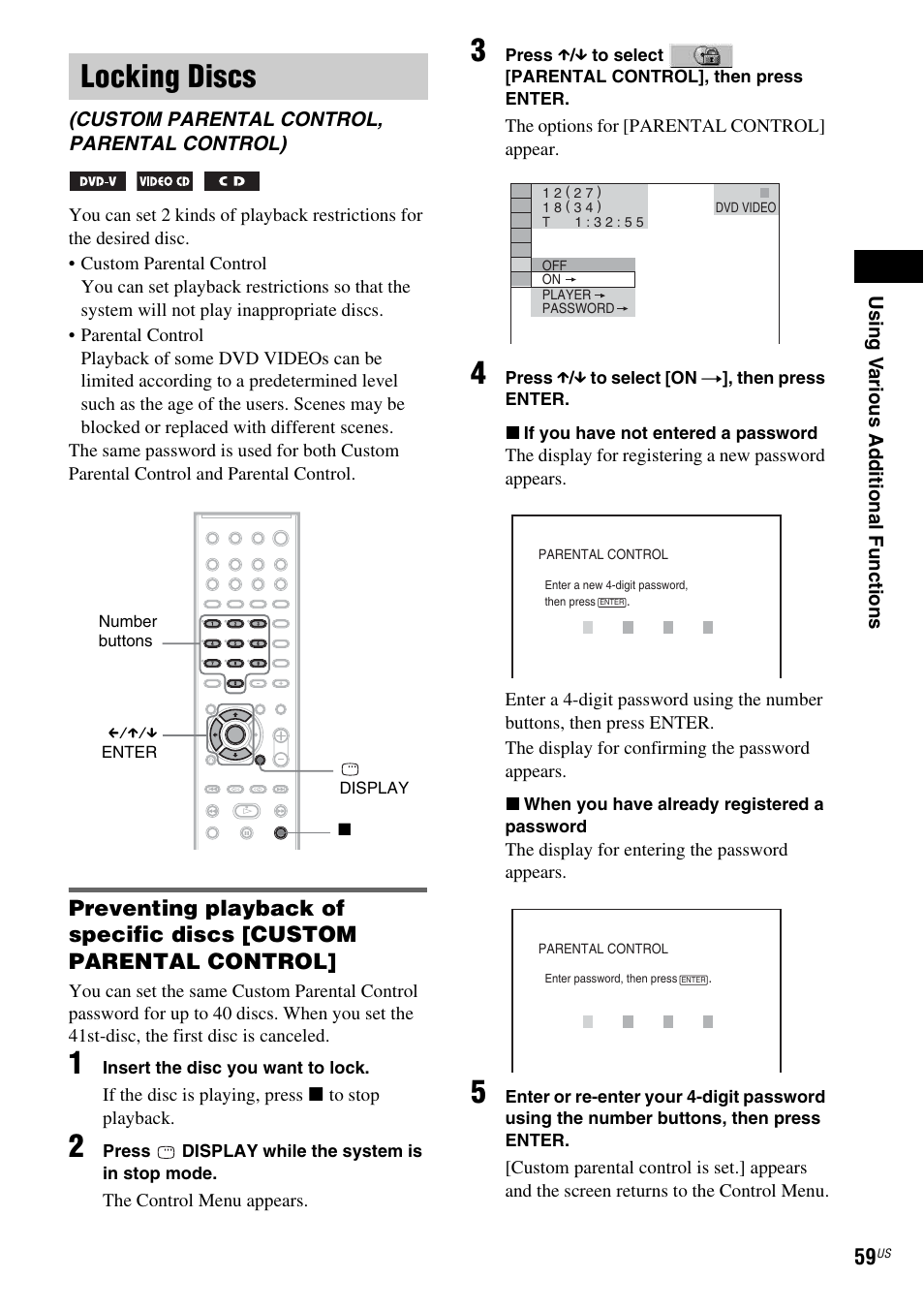 Locking discs, Custom parental control, parental control) | Sony DX250 User Manual | Page 59 / 96
