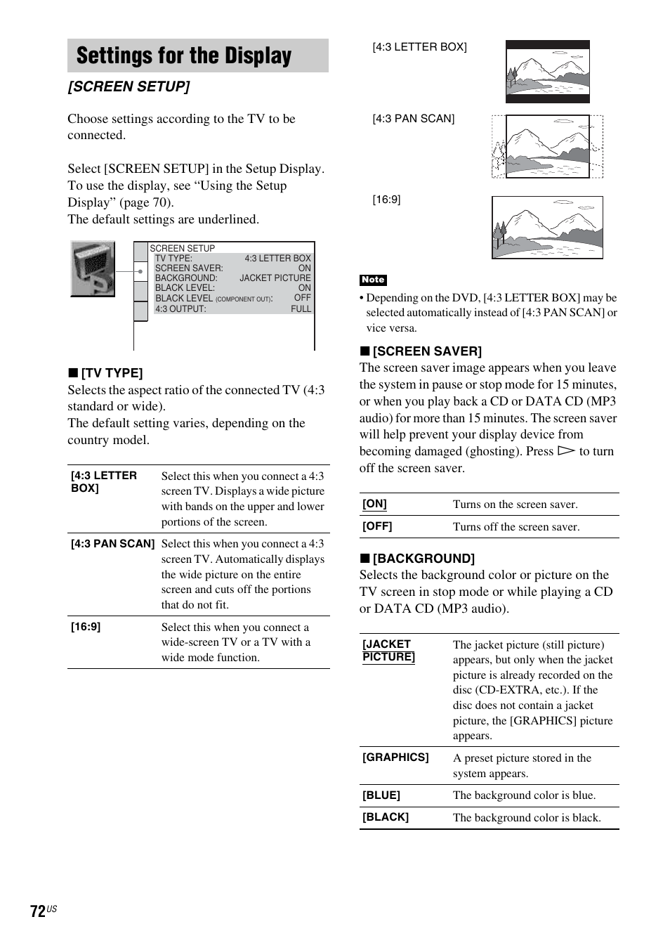 Settings for the display, Screen setup | Sony DX250 User Manual | Page 72 / 96