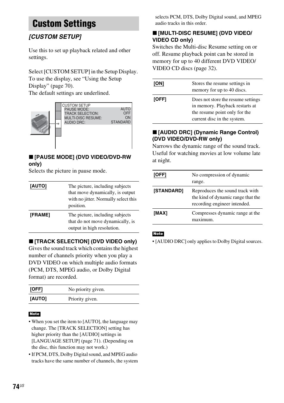 Custom settings, Custom setup | Sony DX250 User Manual | Page 74 / 96