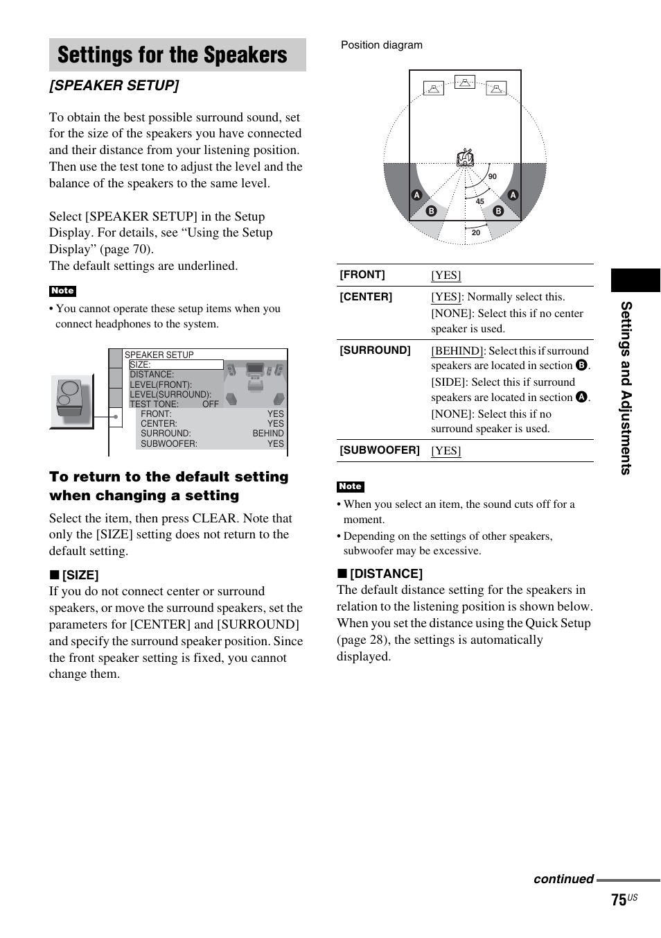 Settings for the speakers, Speaker setup, Se tti ng s an d ad ju st me n ts | Sony DX250 User Manual | Page 75 / 96